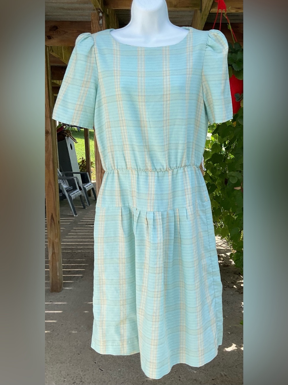 Vintage Alison Peters Pastel Plaid Cotton Dress Cottagecore Puff Sleeve USA  10